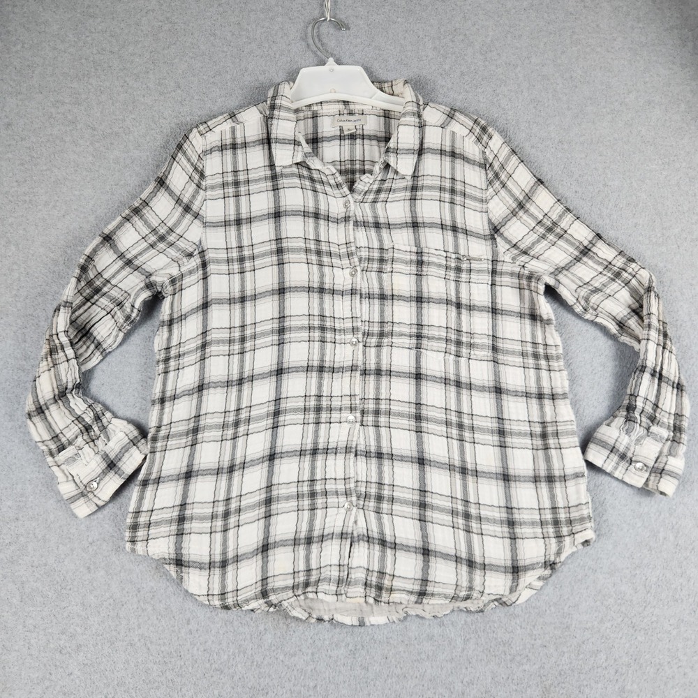 Calvin Klein Shirt Womens XL Gray Black Plaid Relaxed Fit Collared Button Up